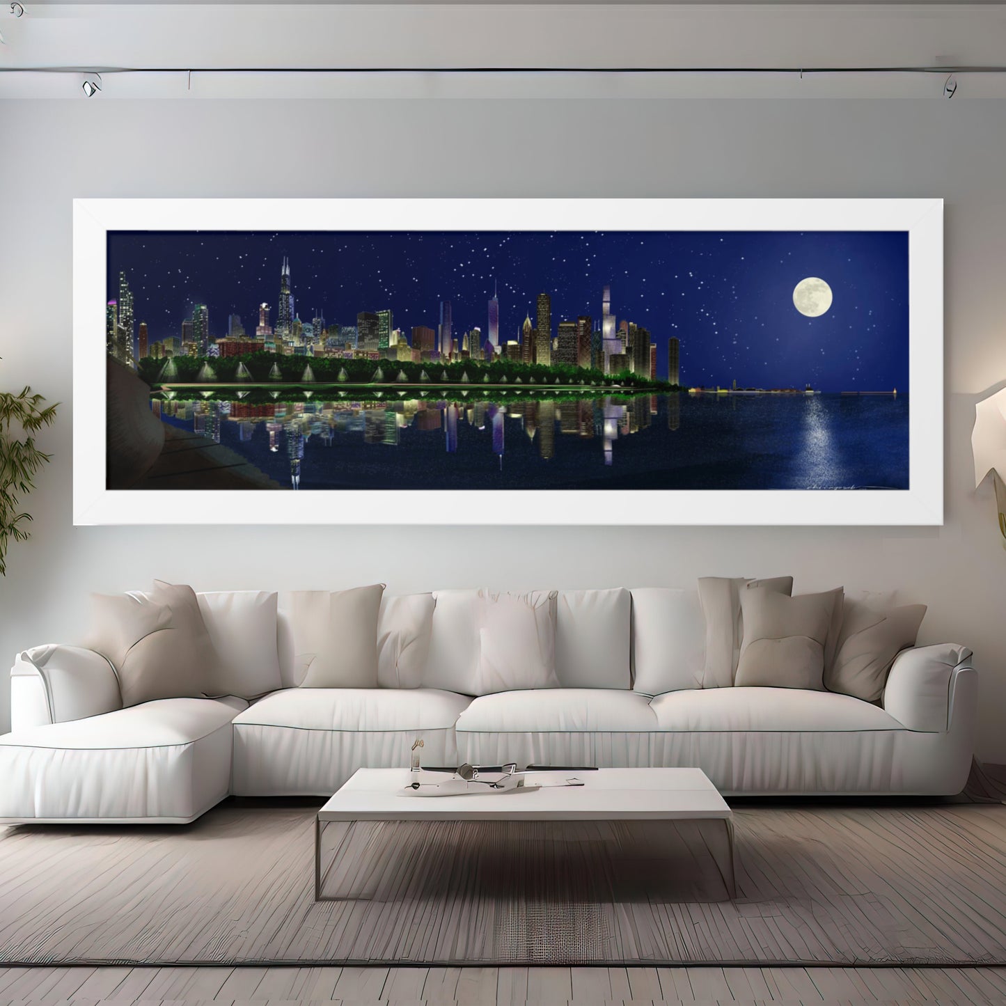 The essence of a Chicago summer night. Featuring a digital illustration of the iconic skyline, this framed print showcases a stunning panorama stretching from Shedd Aquarium to Navy Pier, where the large full moon above shines over the glowing city. Here it is framed in white.