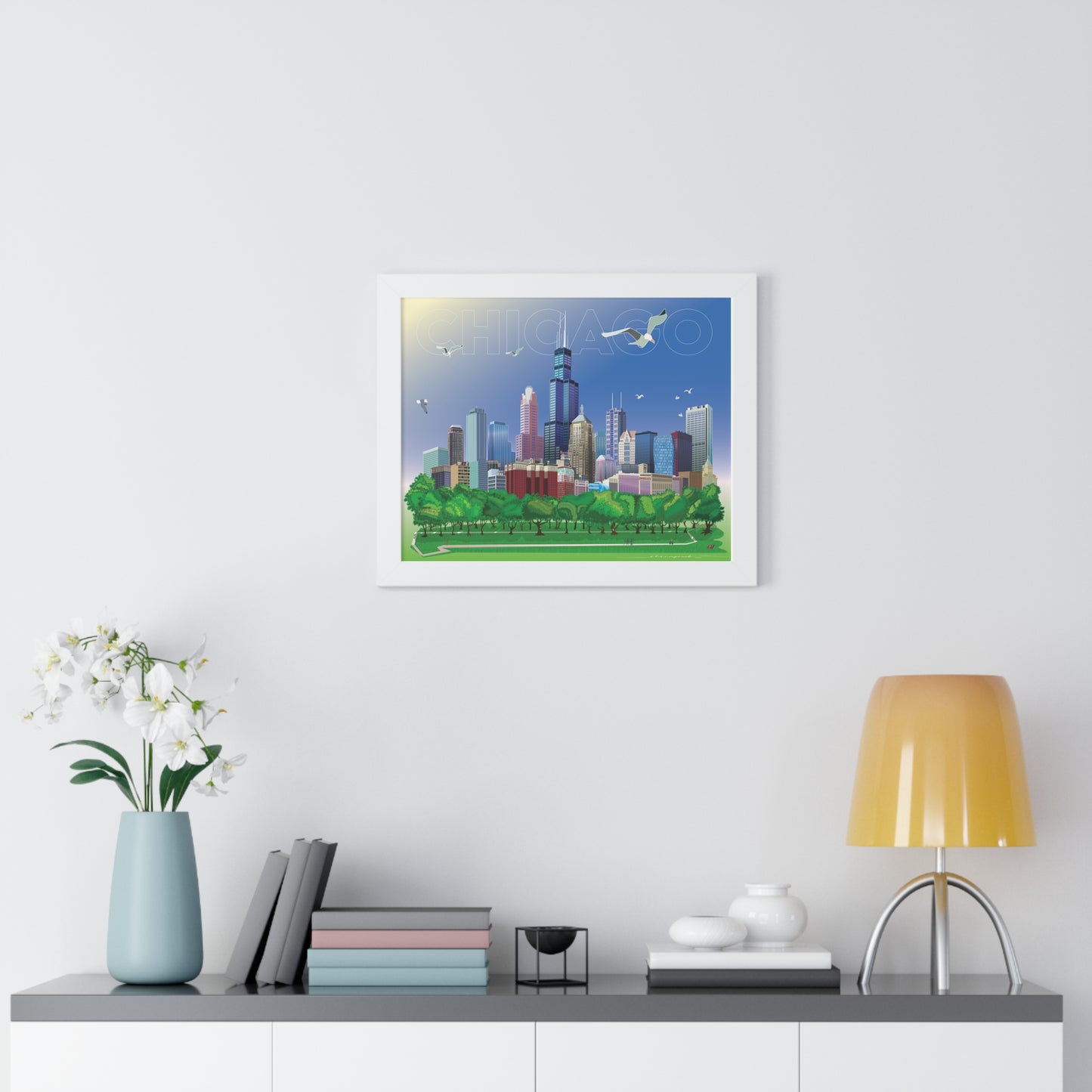 Chicago with Seagulls [Framed Poster Art Print]