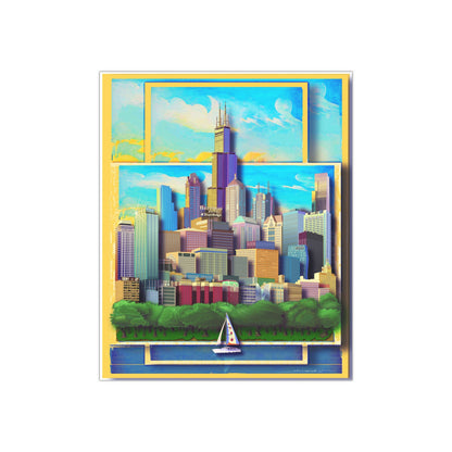 I was inspired by layered paper art techniques and art deco aesthetics. Here is a layered cityscape of Chicago with the Sears/Willis Tower at the center majestically overlooking the rest of the city; A sailboat with the flag of Chicago on it passes lazily in the summer current of Lake Michigan on a calm sunny sunset afternoon.