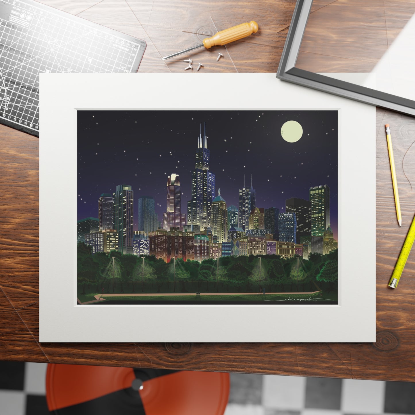 Full Moon Night Chicago [Paper Framed Print]