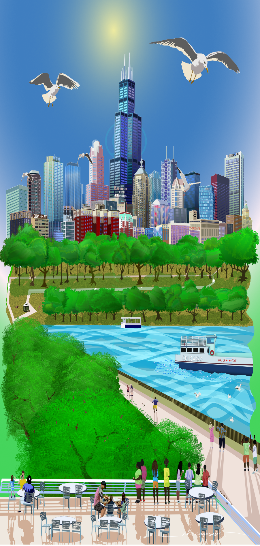 Illustration featuring Chicago as seen from the Shedd aquarium. There are seagulls flyuing overhead in the sunlight and people on the bottom enjoying the view. Part of Lake Michigan can be seen in the center along with a Chicago water taxi boat.